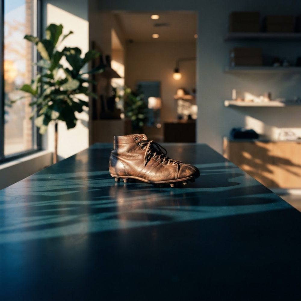 Bota de futebol vintage em couro castanho com pitões, sobre mesa escura junto a uma janela.