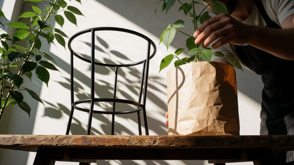 Mãos a cuidar de planta verde em saco de papel kraft junto a estrutura metálica preta, sob luz solar.