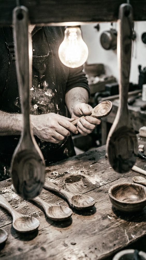 Artesão a talhar uma colher de madeira numa bancada rústica com utensílios artesanais.