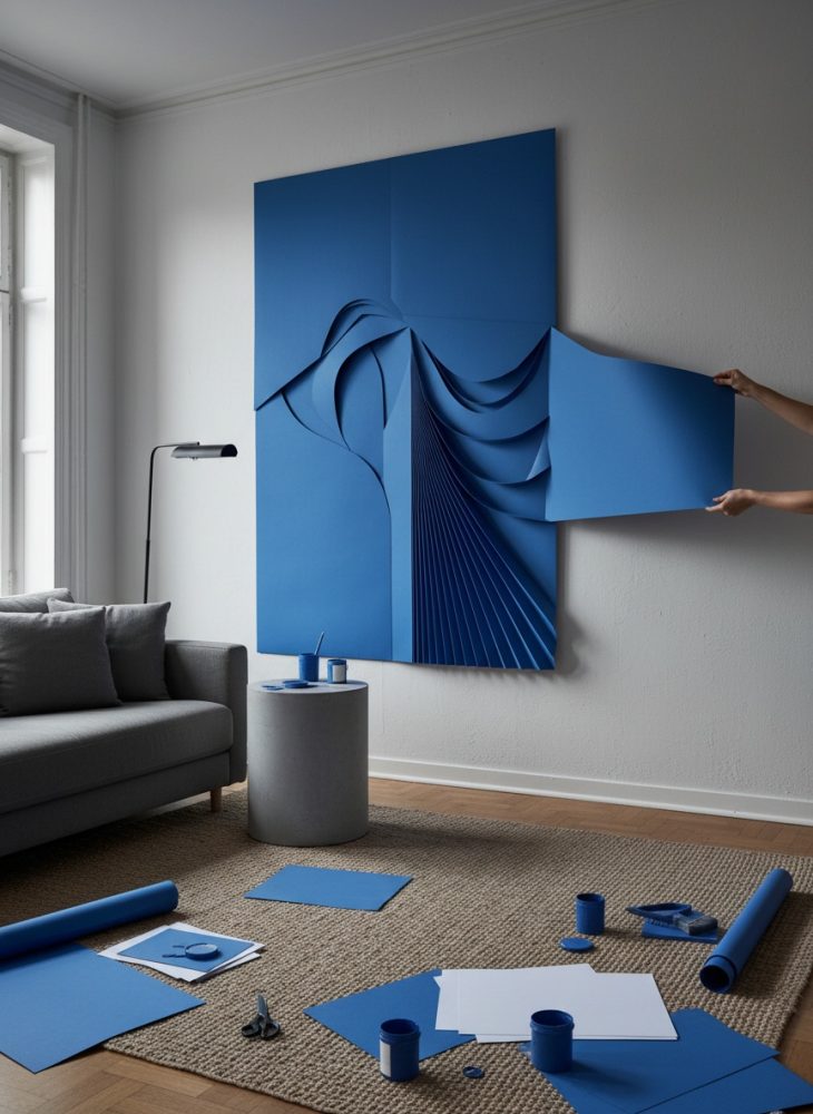 Painel mural azul em relevo com formas ondulantes numa sala contemporânea, rodeado de folhas e rolos de papel.