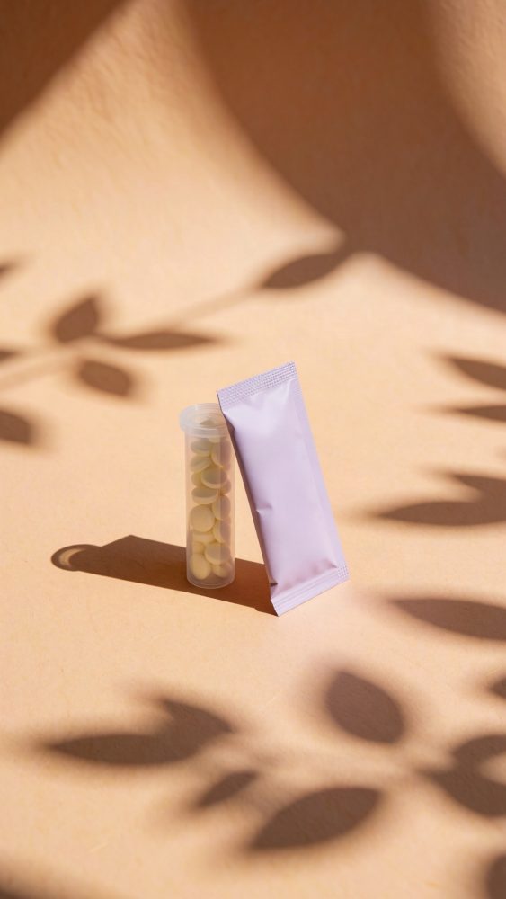 Saqueta lilás sem marca e tubo translúcido com comprimidos amarelos sobre fundo areia com sombras de folhas.