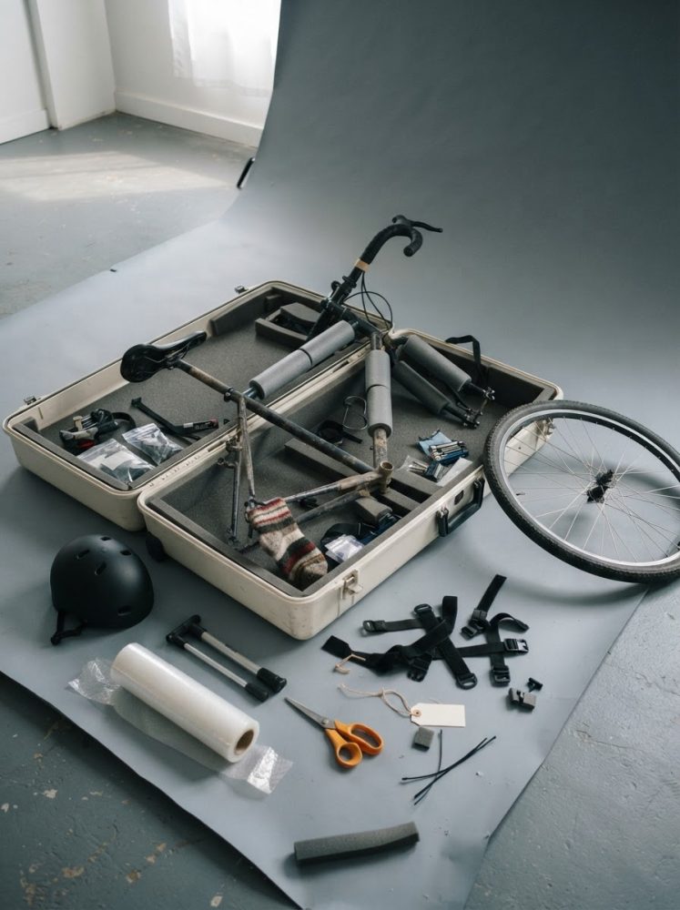 Mala rígida aberta com bicicleta desmontada, roda, capacete, correias e ferramentas de montagem.