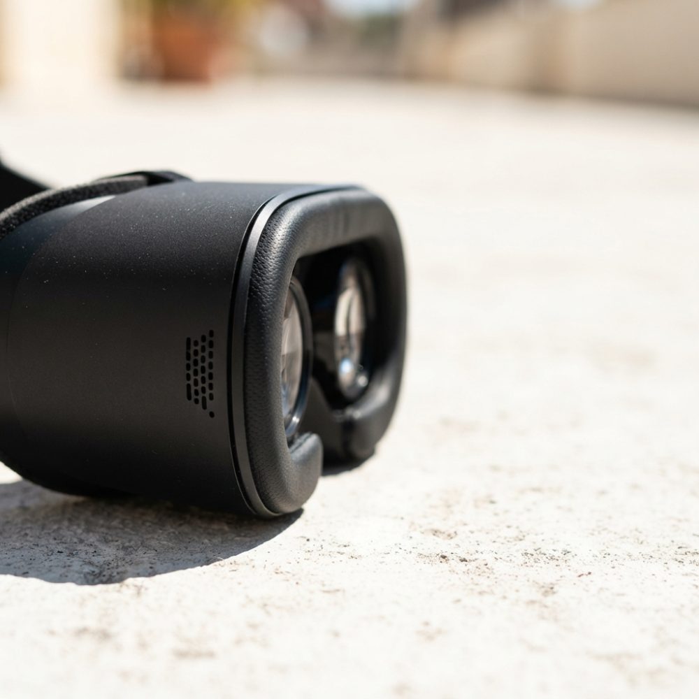 Óculos de realidade virtual pretos com lentes frontais sobre betão claro ao sol