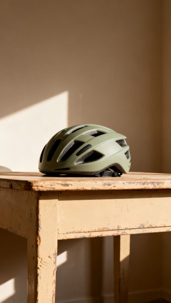 Capacete de ciclismo verde claro sobre mesa de madeira envelhecida, iluminado por luz solar lateral.
