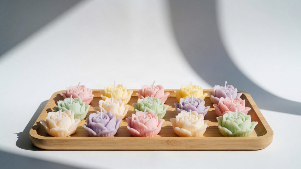 Velas em forma de flor de várias cores pastel dispostas num tabuleiro de bambu sob luz natural.