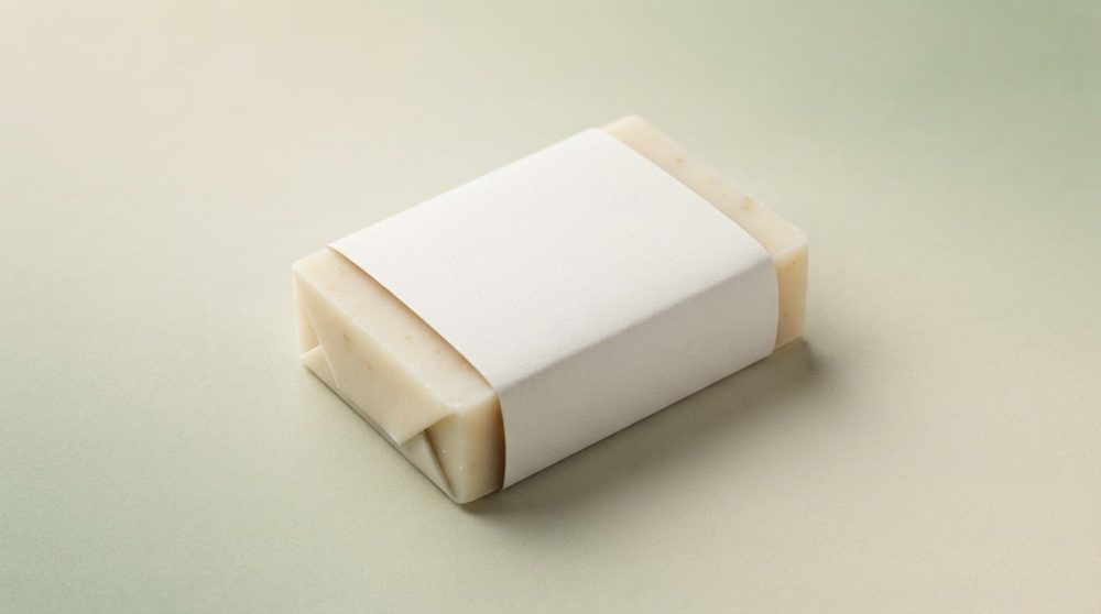 Sabonete artesanal cor de marfim envolvido em papel branco sobre fundo verde claro.