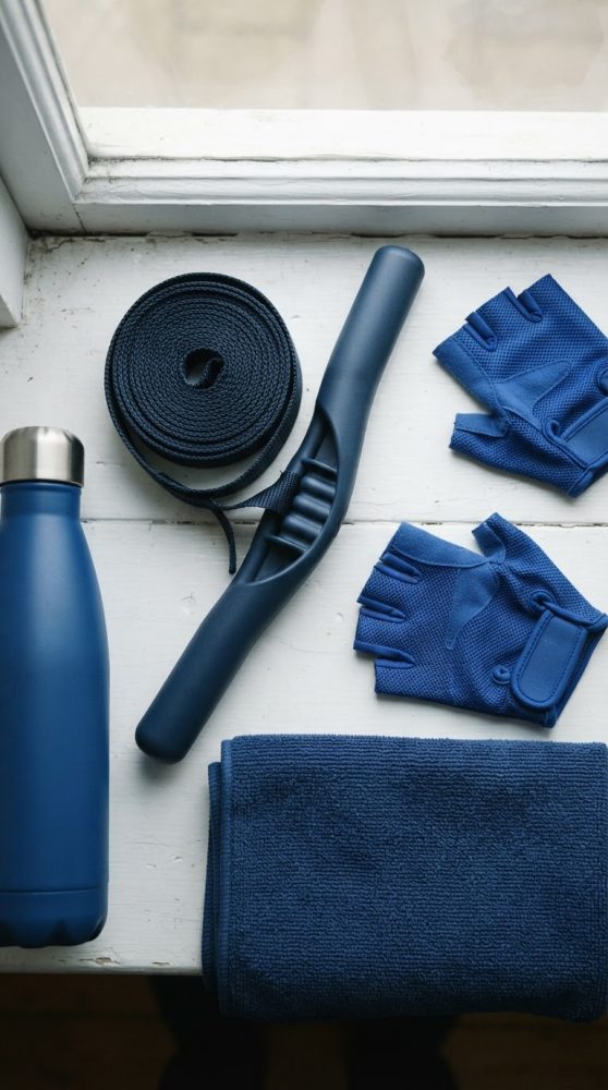 Corda de saltar azul, luvas sem dedos, garrafa térmica e toalha azul sobre peitoril de janela branco.