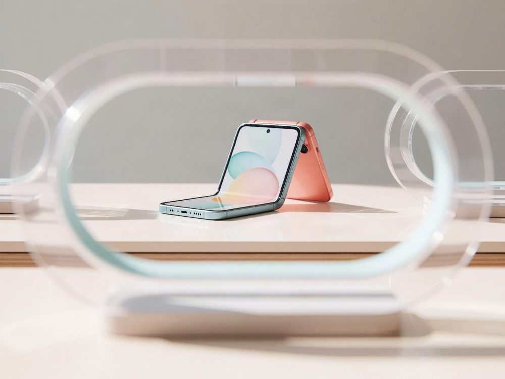 Telemóvel dobrável verde água e coral aberto, visto através de óculos transparentes sobre uma mesa clara.