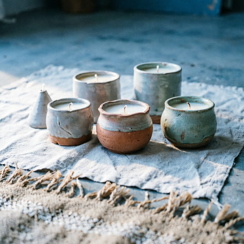 Velas em recipientes de cerâmica azulada e terracota sobre tecido claro com franjas