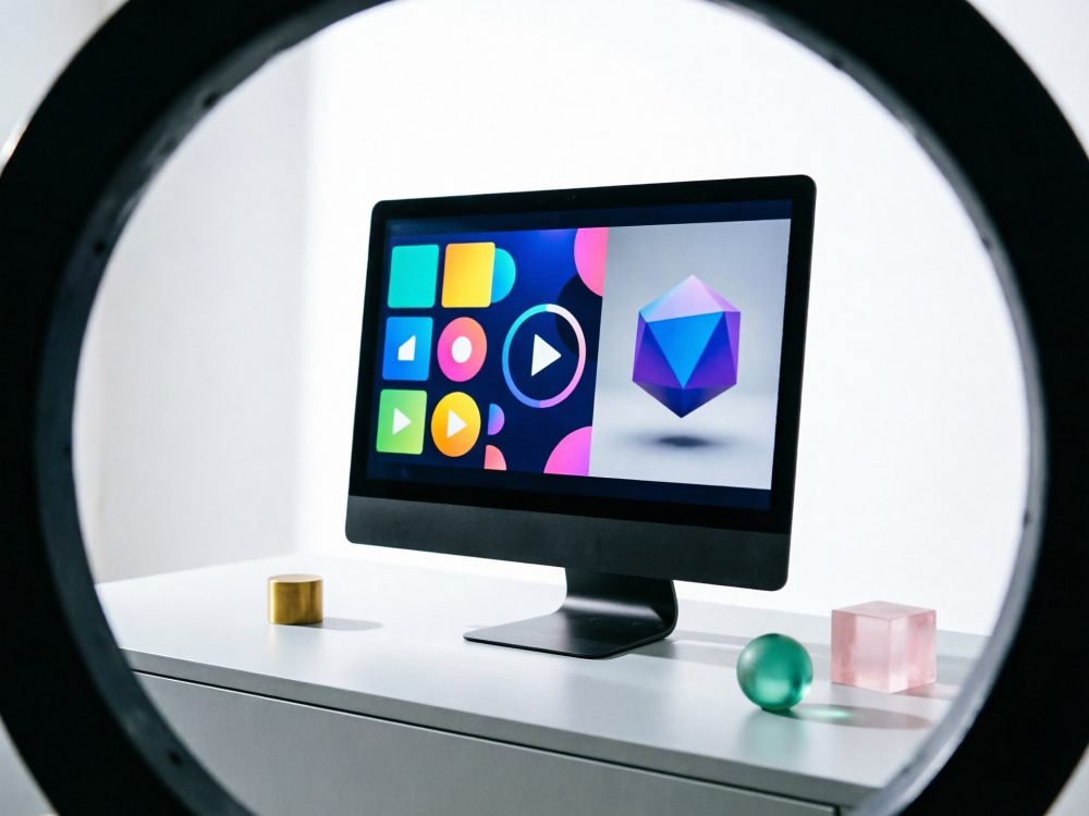 Monitor preto com ícones coloridos e poliedro 3D no ecrã, visto através de aro circular preto, sobre mesa branca.