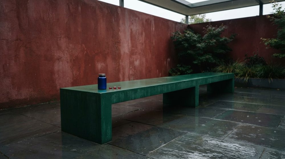 Frasco azul e três comprimidos vermelhos sobre banco verde num pátio molhado.