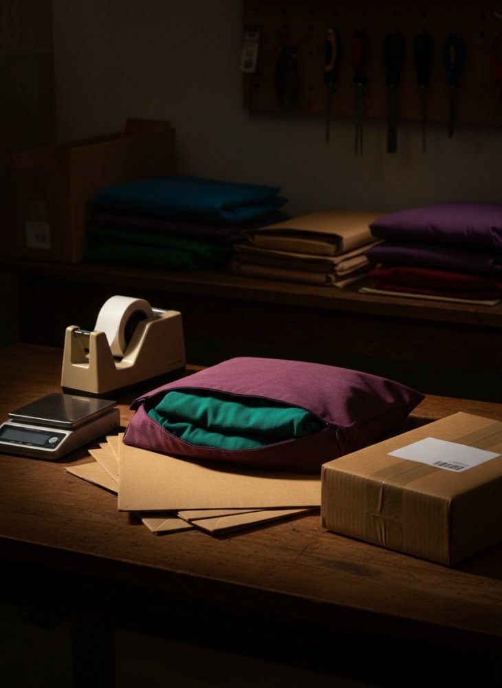 Almofada roxa e verde sobre envelopes kraft, junto a fita adesiva, balança e caixa de cartão etiquetada.