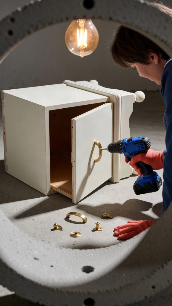 Pessoa fixa um puxador dourado num armário branco com berbequim azul, sobre chão de betão com ferragens.
