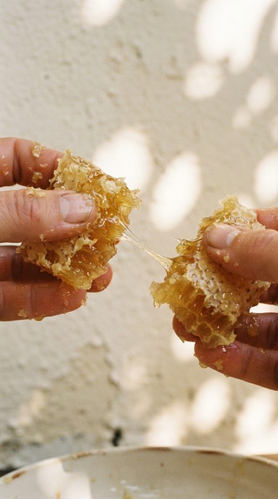 Mãos a separar um favo de mel dourado com fios de mel entre os pedaços