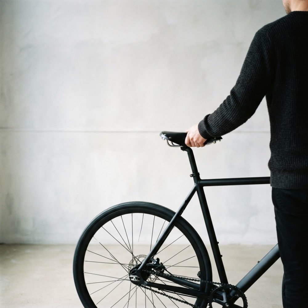 Pessoa de camisola preta segura uma bicicleta urbana preta junto a uma parede clara.