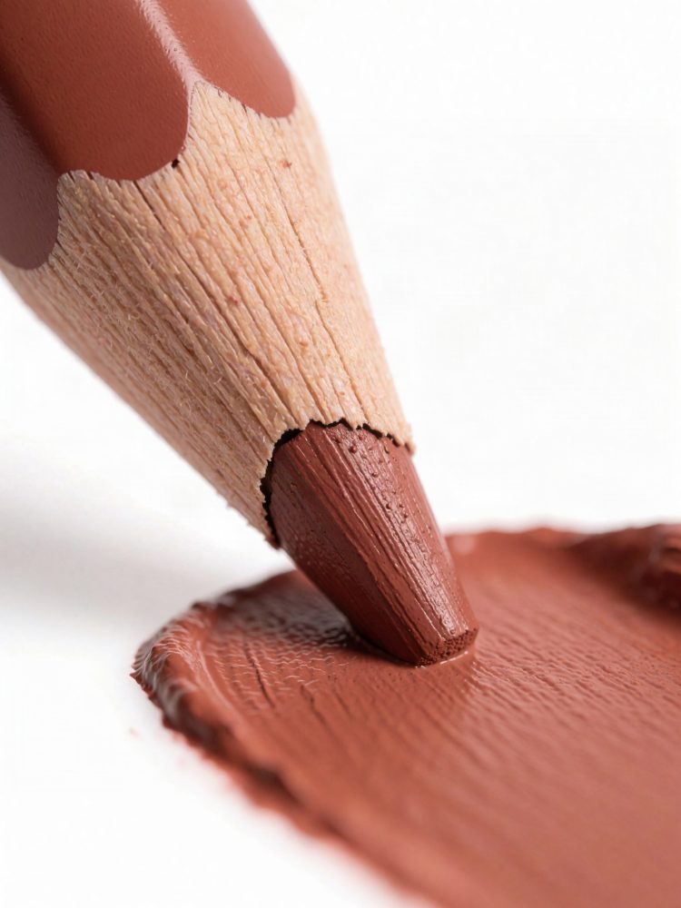 Ponta de lápis cosmético castanho a marcar pigmento cremoso sobre fundo branco.