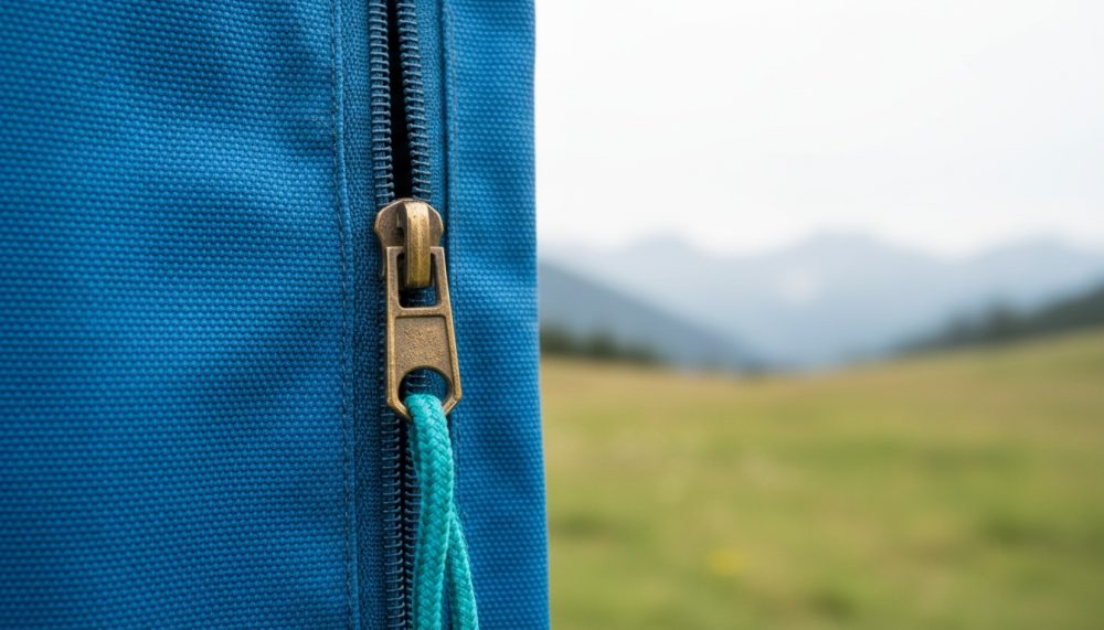 Fecho metálico de tenda azul com cordão turquesa e montanhas desfocadas ao fundo