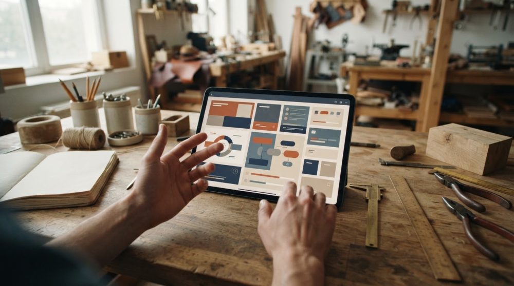 Mãos a utilizar um tablet com interface de design numa bancada de madeira de oficina com ferramentas.