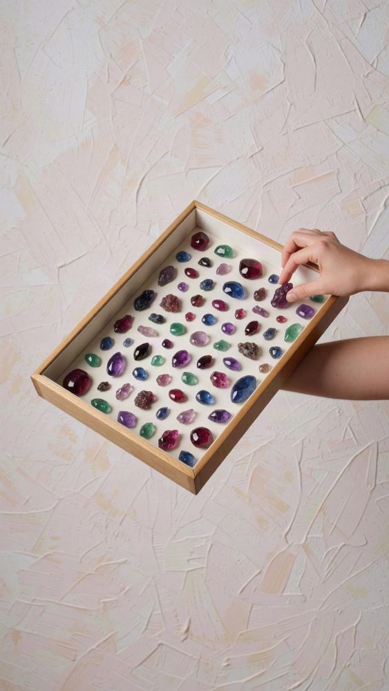 Mão escolhe uma pedra preciosa colorida numa caixa de madeira com gemas polidas e minerais em bruto.