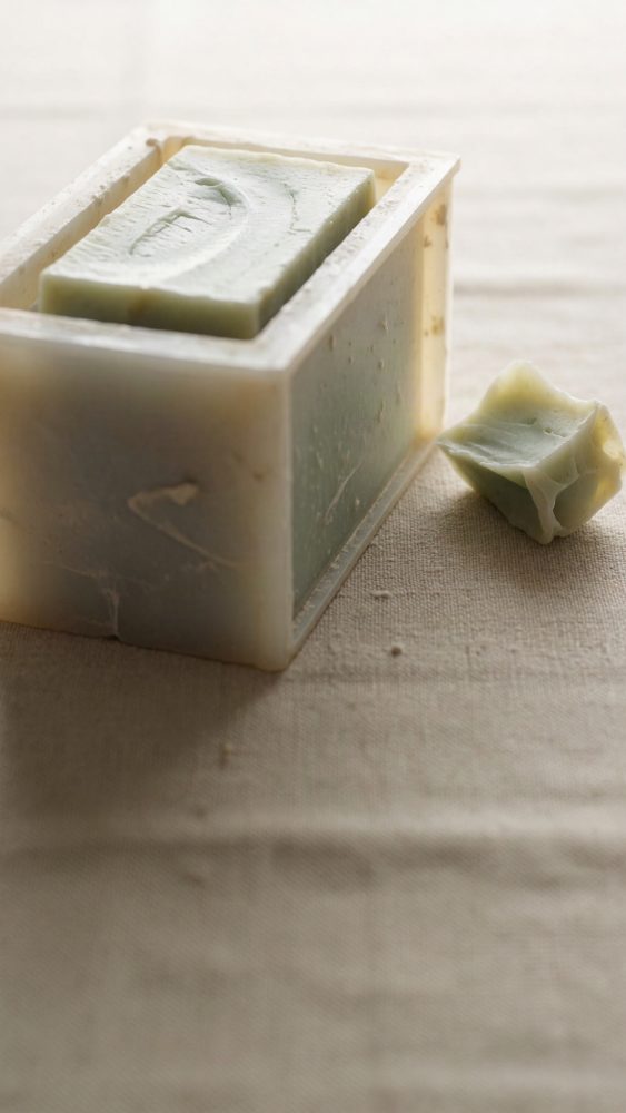 Sabão artesanal verde-claro num molde quadrado sobre tecido cru, com uma pequena apara ao lado.