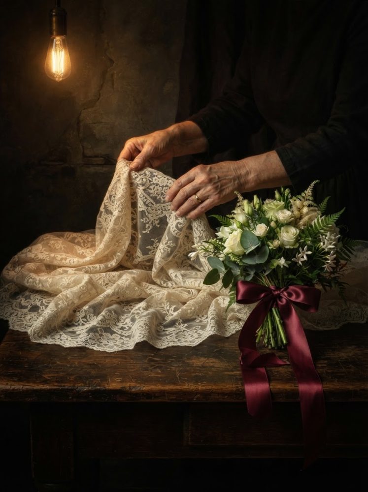 Mãos com aliança a arranjar renda marfim junto de bouquet branco com fita borgonha numa mesa de madeira.
