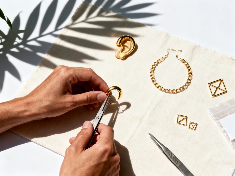 Mãos a montar um brinco dourado com alicates sobre tecido cru, com pulseira e brincos geométricos.