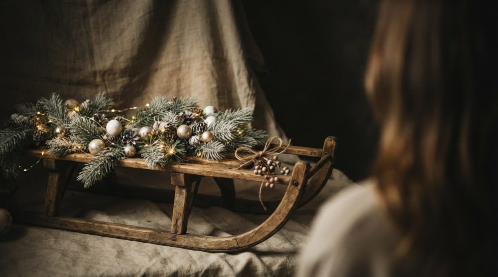 Trenó rústico de madeira com ramos de pinheiro, pinhas, bolas douradas e luzes de Natal