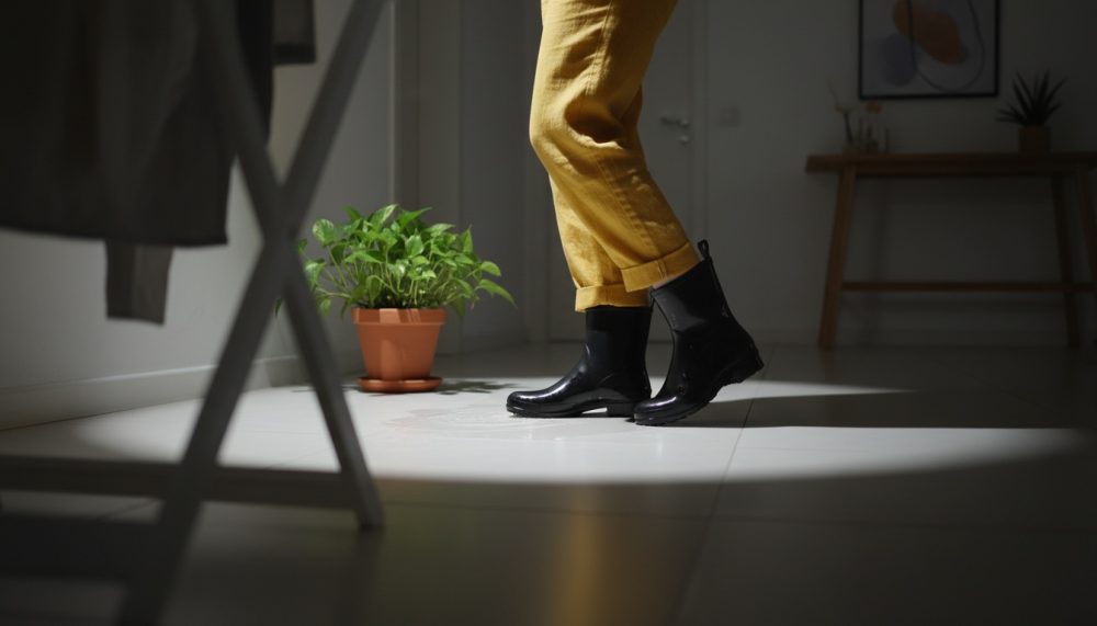Pessoa com calças mostarda a usar botins pretos brilhantes num interior iluminado pelo sol