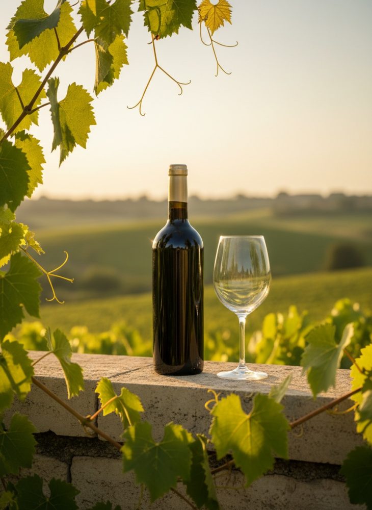 Garrafa de vinho escura e taça vazia num muro de pedra, entre folhas de videira ao pôr do sol.