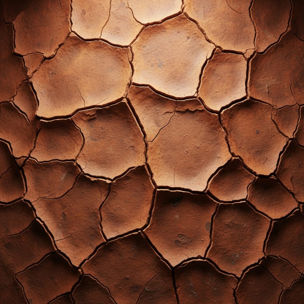 Textura de terra seca rachada em tons de terracota, ocre e castanho