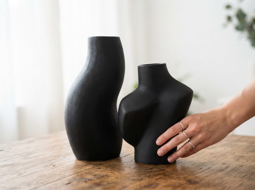 Duas jarras pretas de cerâmica mate sobre mesa de madeira, com uma mão a ajustar a peça menor.