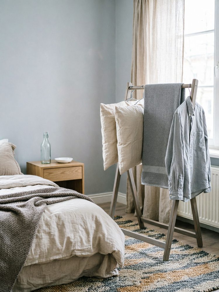 Quarto com cama em tons neutros e escada de madeira com almofadas, manta cinzenta e camisa de linho.