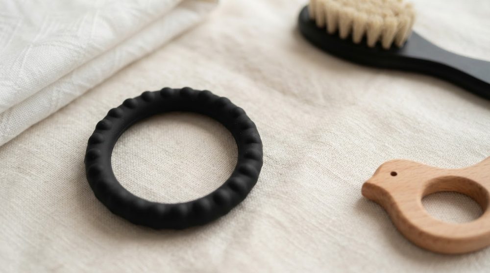 Mordedor preto de silicone, anel de madeira em forma de pássaro e escova sobre tecido bege.
