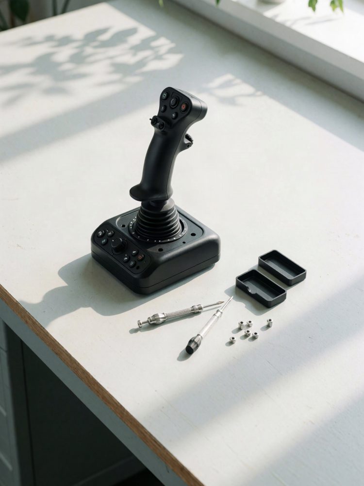 Joystick de simulação de voo preto com ferramentas, parafusos e caixas de peças sobre mesa branca ao sol