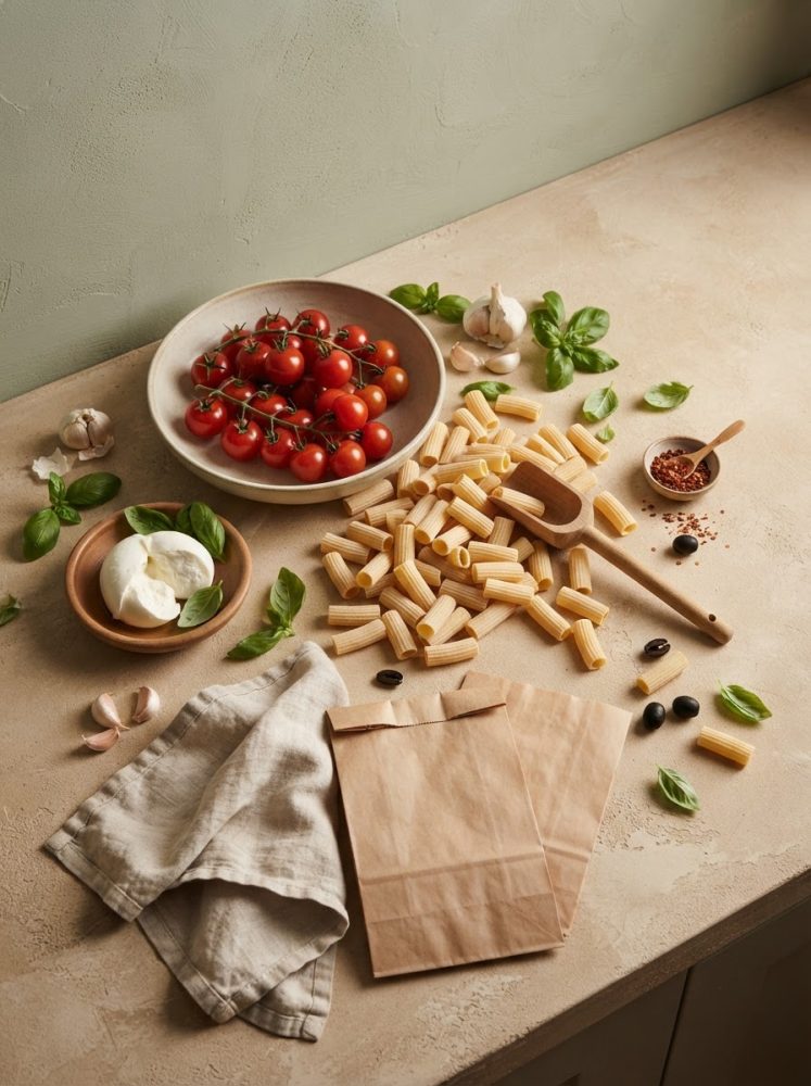 Rigatoni seco com tomate-cereja, mozzarella, manjericão, alho e sacos de papel kraft numa bancada clara.