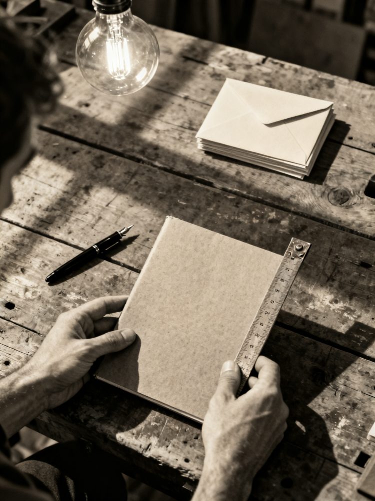 Mãos seguram um caderno kraft junto de uma régua metálica, caneta de tinta e envelopes numa mesa de madeira.