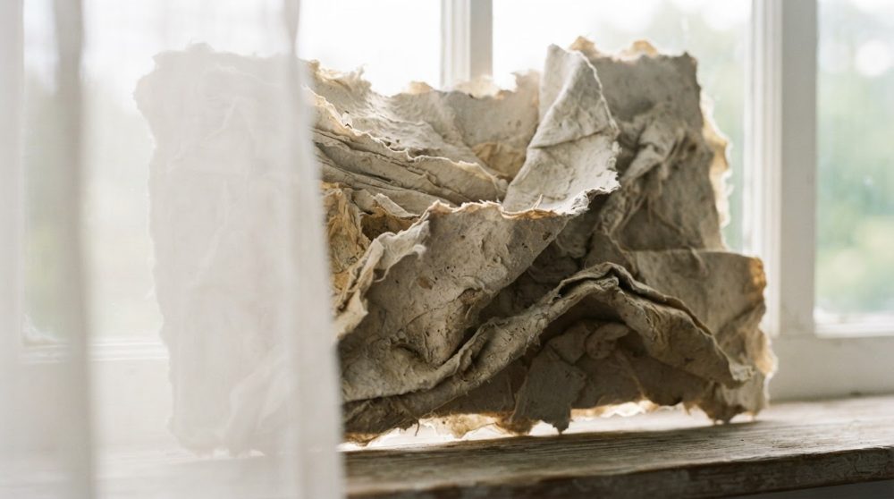 Escultura abstrata de papel texturado com dobras orgânicas em tons bege, junto a uma janela.