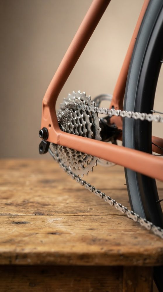 Cassete prateada e corrente de bicicleta num quadro coral junto a uma roda de aro preto