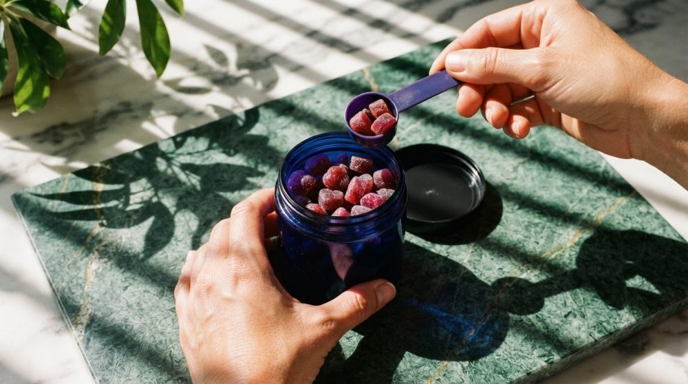 Mãos a retirar gomas vermelhas de suplemento de um frasco azul com colher doseadora sobre mármore verde.