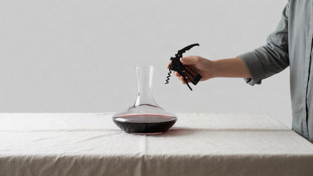 Decantador de vidro com vinho tinto sobre mesa branca e mão com saca-rolhas preto.