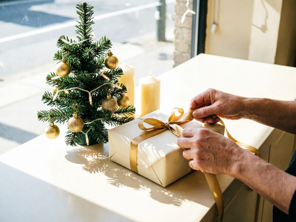 Mãos a atar fita dourada num presente branco junto de uma pequena árvore de Natal e velas.