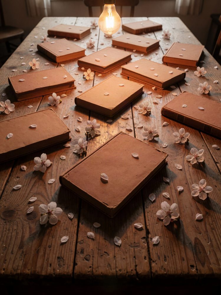 Livros castanhos fechados sobre mesa de madeira rústica, com flores rosadas e lâmpada acesa