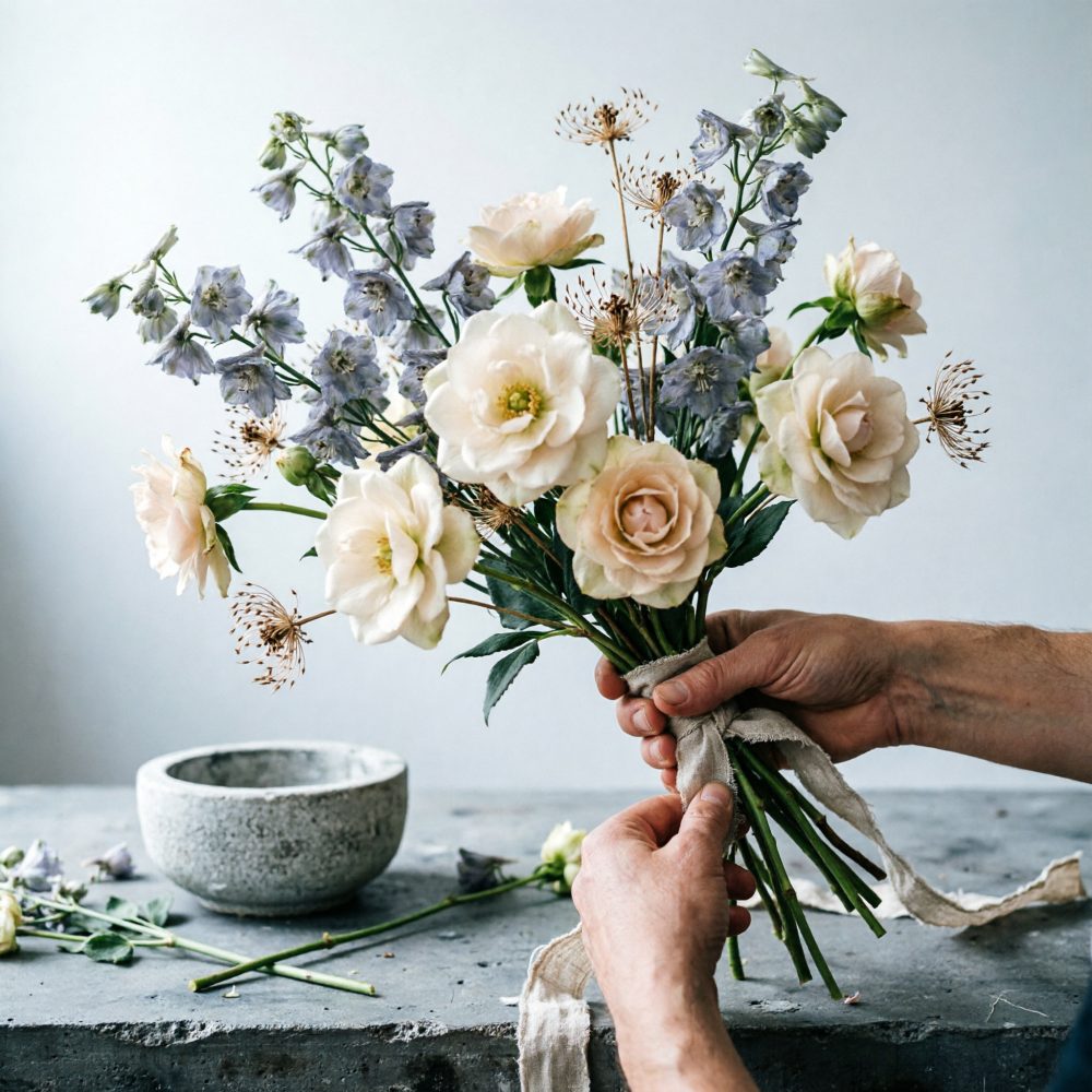 Mãos a atar um bouquet de rosas creme e delfínios azulados com fita de linho sobre mesa de pedra.