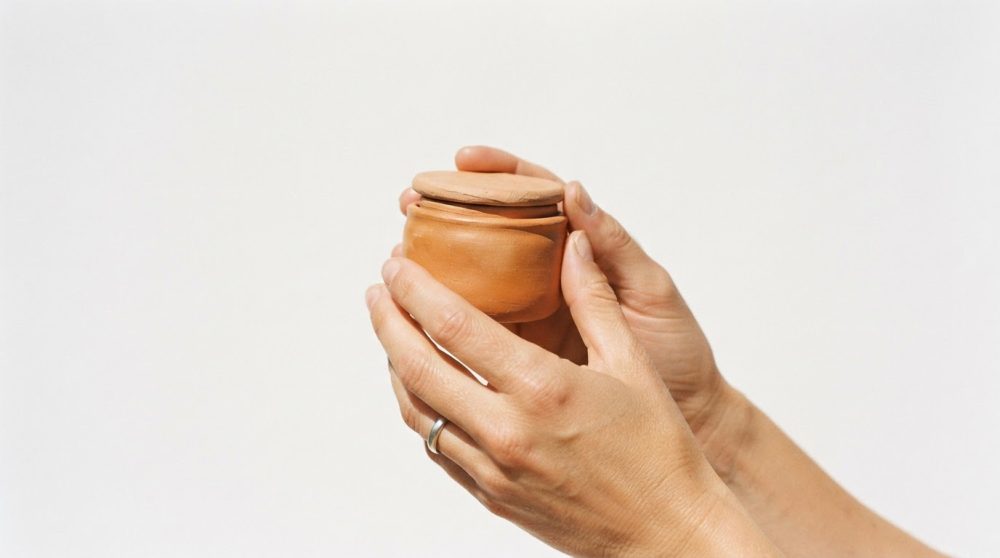 Mãos adultas seguram um pote de creme em terracota com tampa de madeira sobre fundo branco.