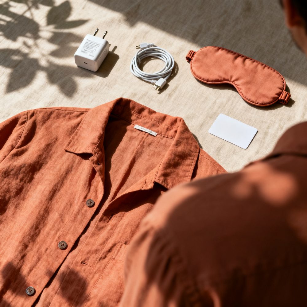 Camisa terracota, máscara de dormir, carregador e cabo sobre tecido bege sob luz solar.