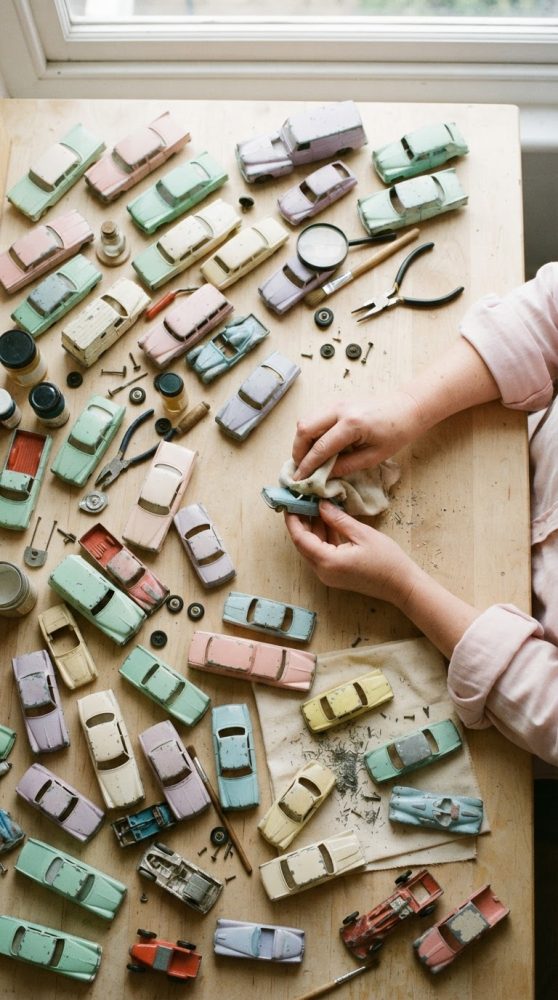 Mãos restauram um carro miniatura entre modelos vintage em tons pastel e ferramentas sobre uma bancada de madeira.