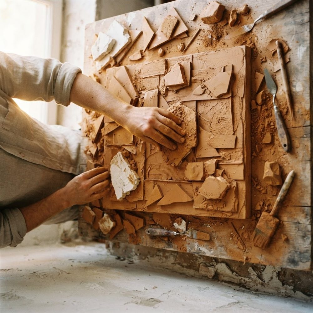 Mãos a moldar um painel abstrato de barro com relevos geométricos e ferramentas de cerâmica.