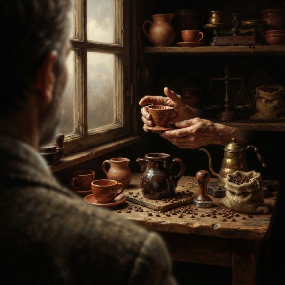 Mãos a servir café numa chávena de barro sobre mesa rústica com grãos, bule metálico e jarros de cerâmica.