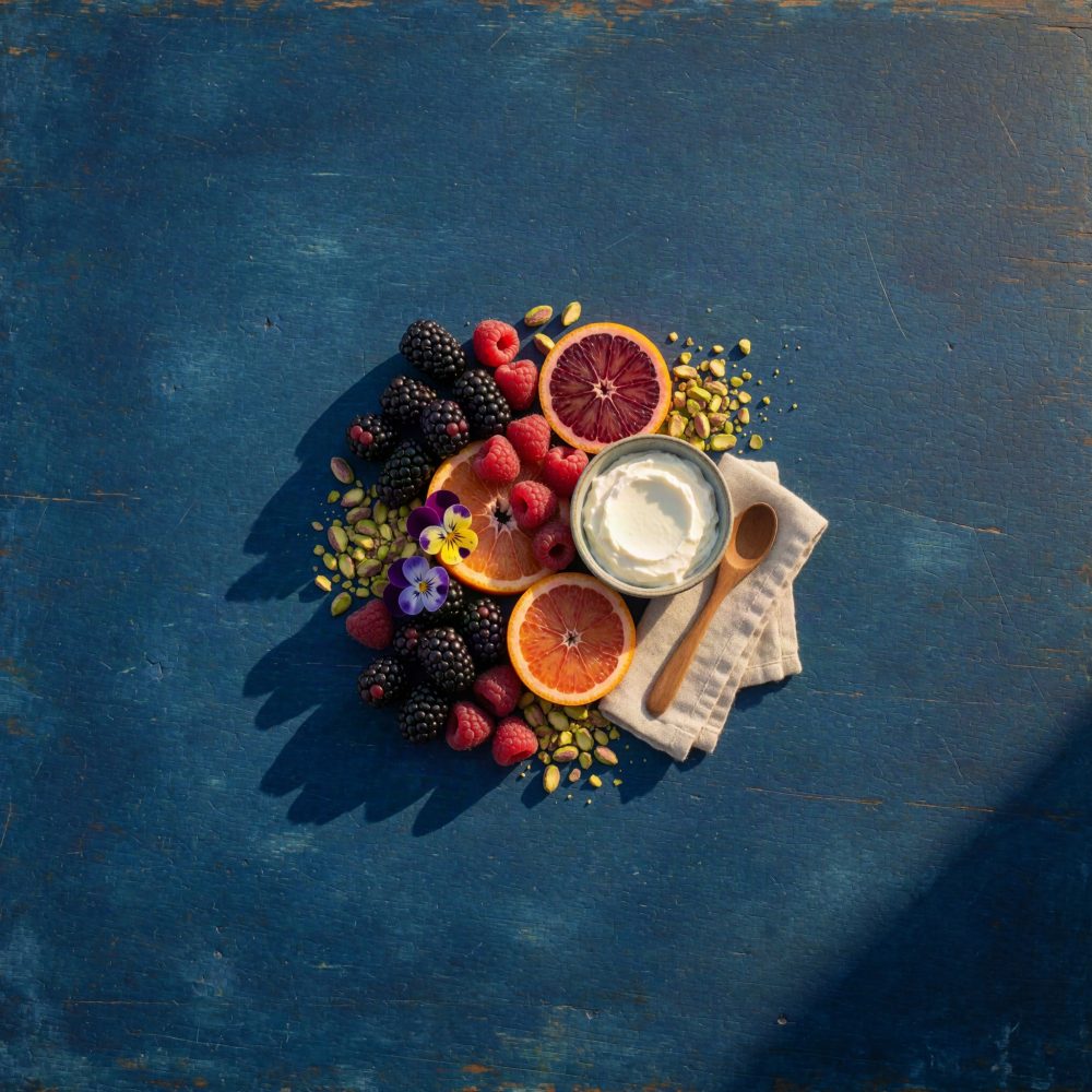 Amoras, framboesas, laranjas sanguíneas, pistácios e iogurte numa mesa de madeira azul.