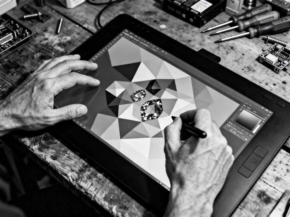 Mãos a usar caneta digital num tablet gráfico com desenho geométrico de pedras preciosas numa oficina.